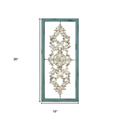 36" Teal and White Wood and Metal Distressed Panel Wall Decor