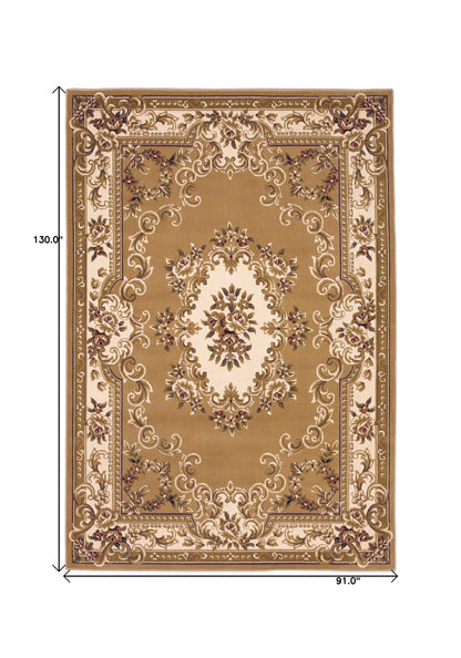 8' X 11' Beige Ivory Machine Woven Hand Carved Floral Medallion Indoor Area Rug