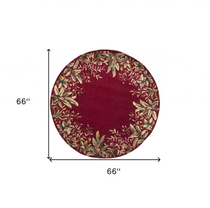 6' Ruby Red Round Wool Floral Handmade Area Rug