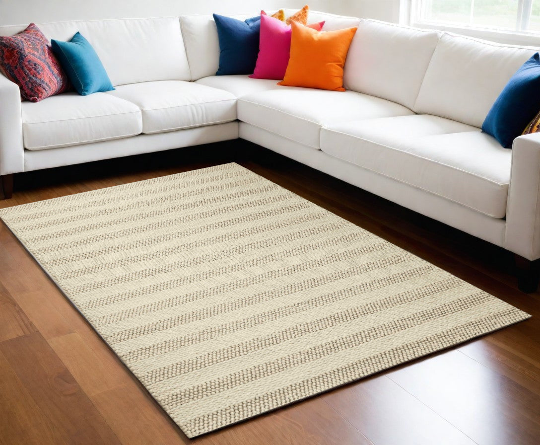 5' X 7' White Ivory Hand Woven Knobby Cornish Stripe Indoor Area Rug