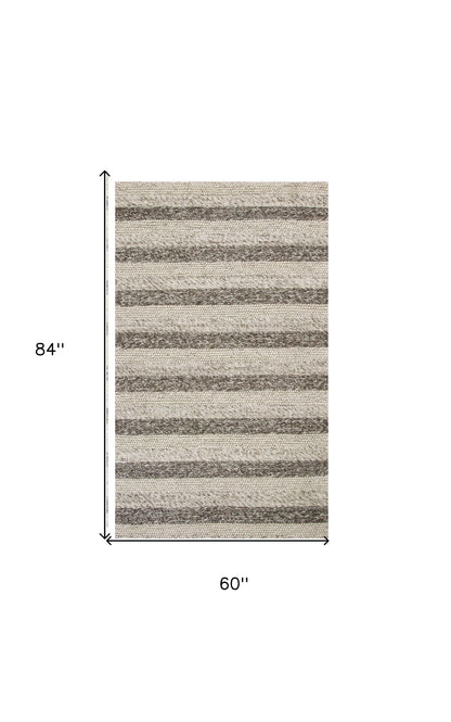 5' X 7' Grey White Hand Woven Knobby Stripes Indoor Area Rug