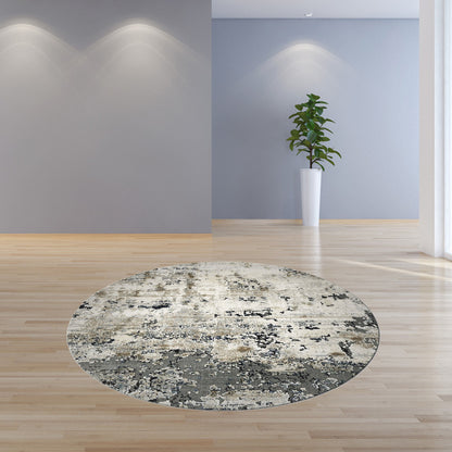 8' Ivory Teal Machine Woven Abstract Round Indoor Area Rug