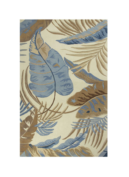 5' X 8' Ivory and Blue Wool Tropical Botanical Hand Tufted Area Rug