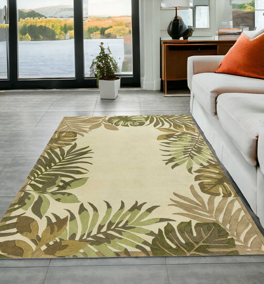 5' X 8' Ivory Hand Tufted Bordered Tropical Leaves Indoor Area Rug