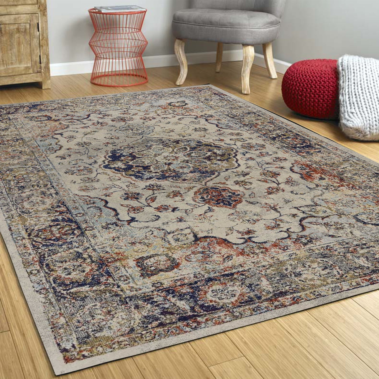 8' X 11' Ivory Machine Woven Floral Medallion Indoor Area Rug