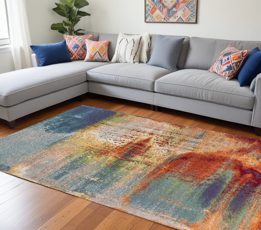 8' X 11' Blue Rust Orange Machine Woven Abstract Brushstrokes Indoor Area Rug