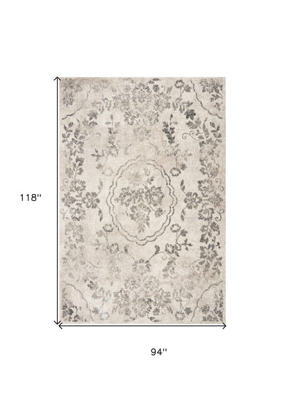 8' X 10' Grey Machine Woven Distressed Floral Traditional Indoor Area Rug