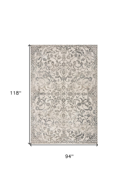 8' X 10' Ivory and Gray Floral Vines Distressed Area Rug