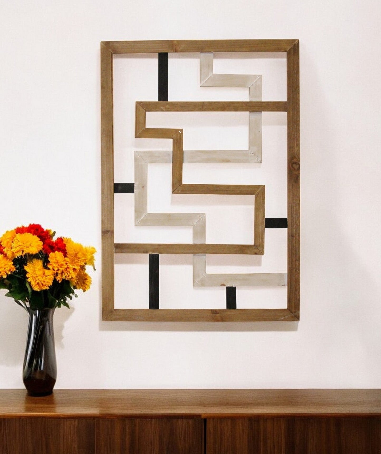 Modern Maze Natural White And Black Wood Panel Wall Art