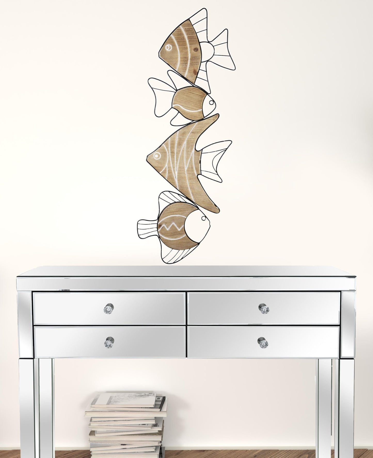 Metal And Wood Vertical Swimming Fish Wall Decor