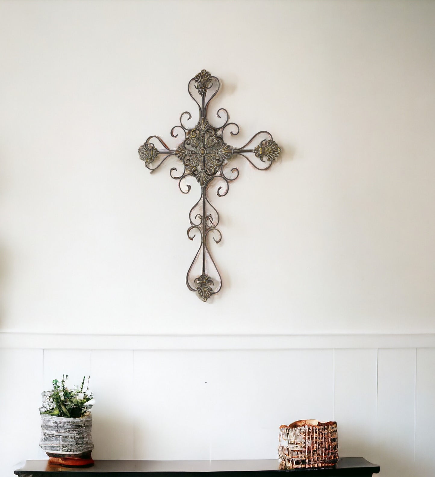 29" Gray Metal Scroll Design Gray Hanging Cross Wall Decor