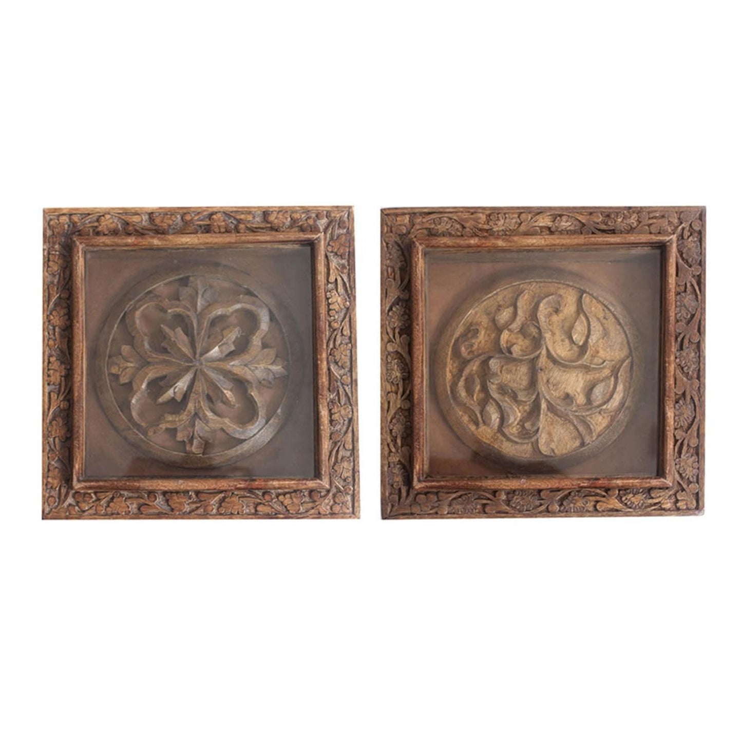 Set of 2 Rustic Carved Wood Wall Art