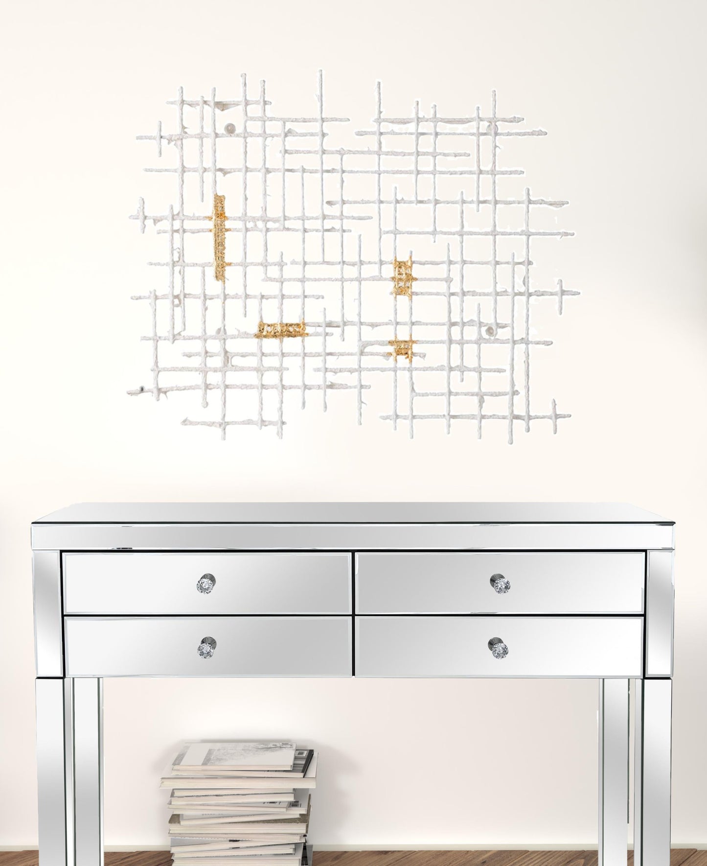 Contemporary Large White and Gold Geo Grid Wall Art