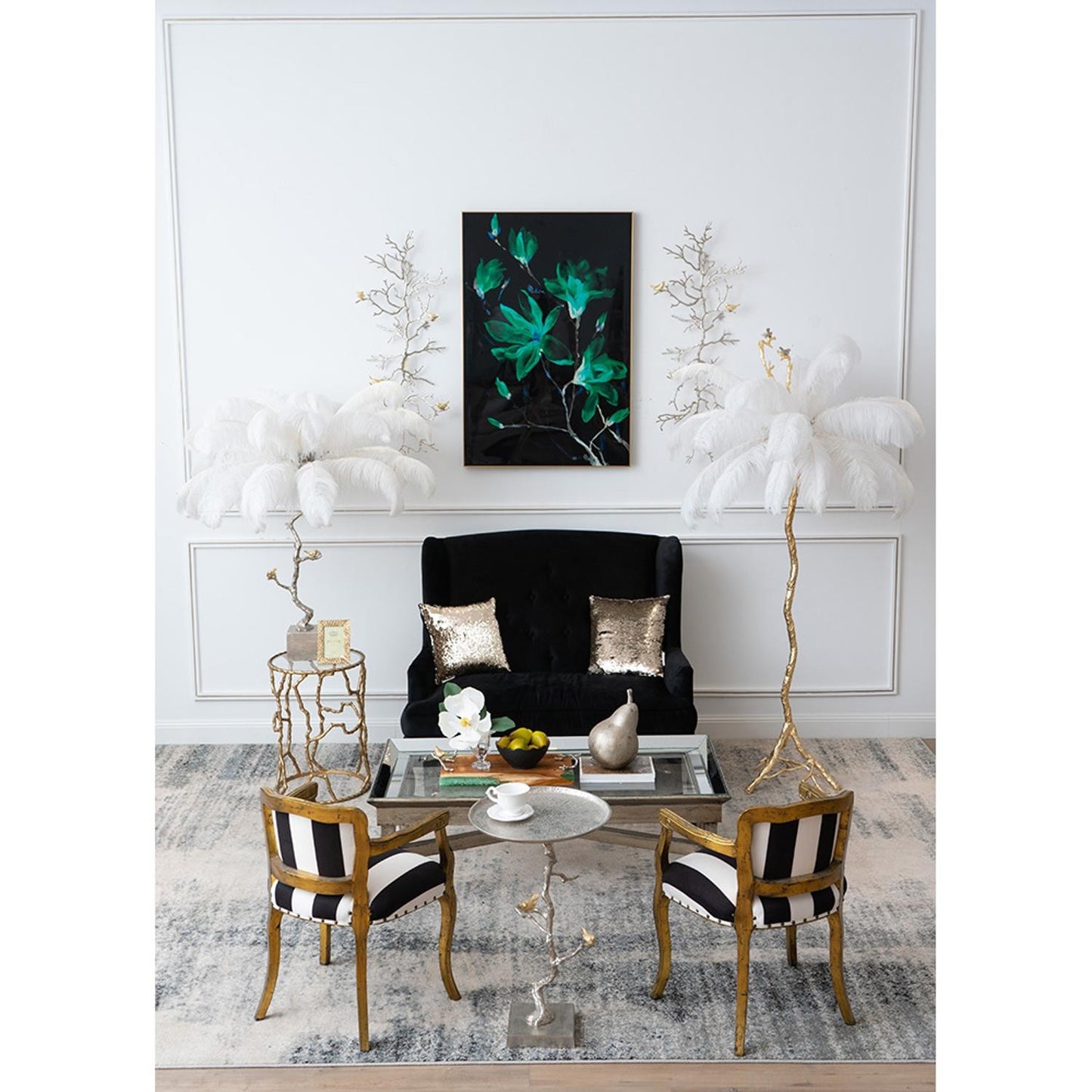 Modern 44" Silver Branch and Golden Birds Wall Art