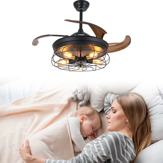 Industrial Caged Ceiling Lamp And Retractable Fan