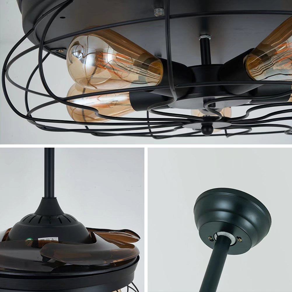 Industrial Caged Ceiling Lamp And Retractable Fan