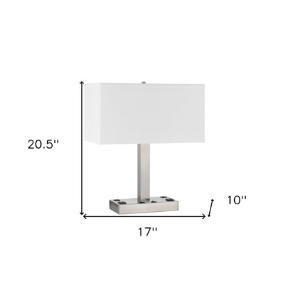 21" Nickel Metal Two Light Desk USB Table Lamp With White Shade