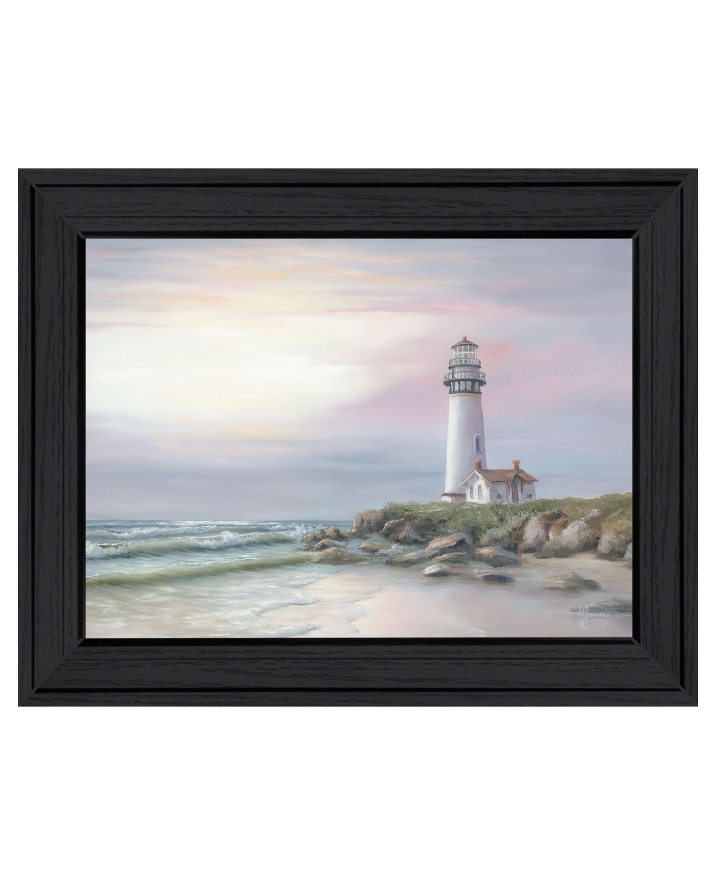 Lighthouse at Sunset Black Framed Print Wall Art