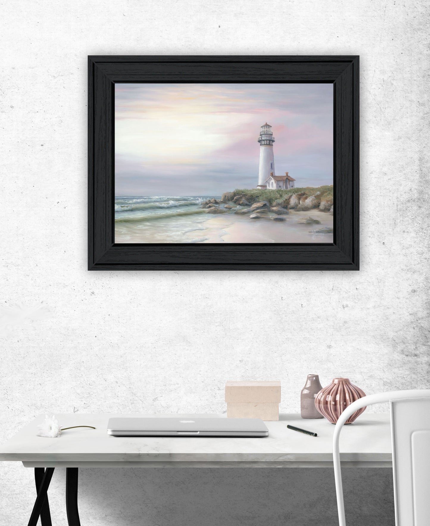 Lighthouse at Sunset Black Framed Print Wall Art