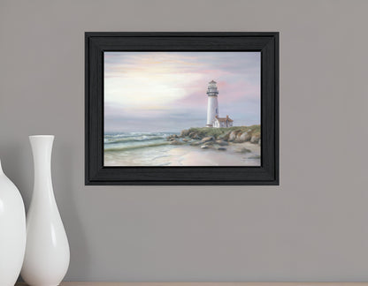 Lighthouse at Sunset Black Framed Print Wall Art