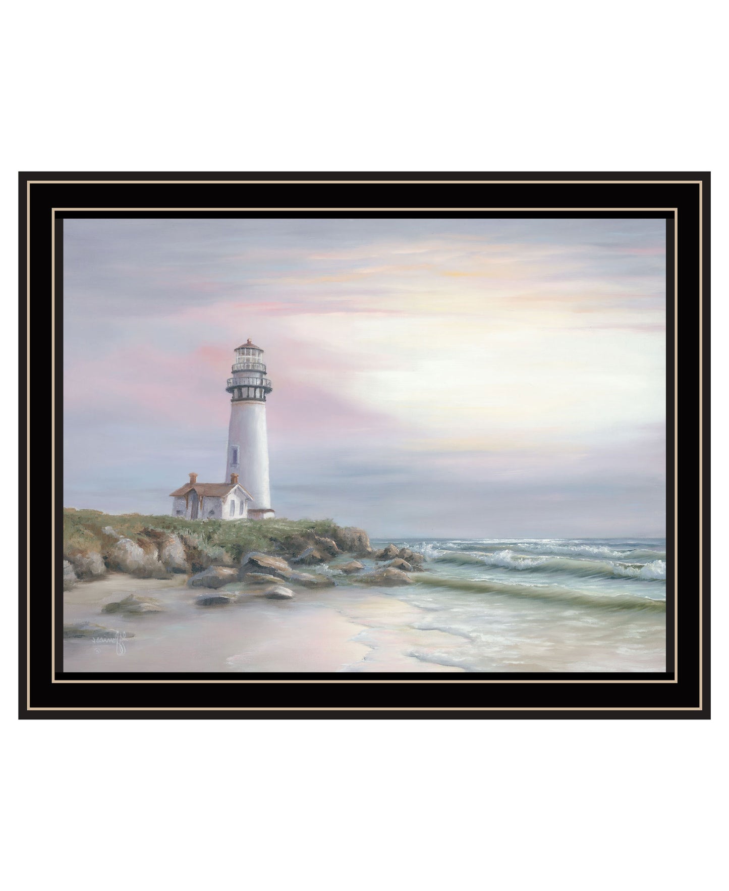 Lighthouse at Sunset Black Framed Print Wall Art