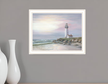 Lighthouse at Sunset Black Framed Print Wall Art