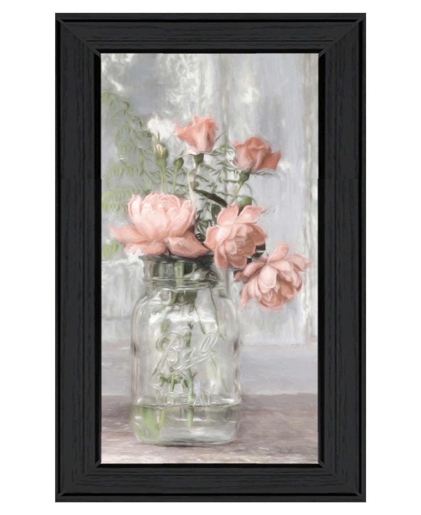 Cottage Peach Roses Black Framed Print Wall Art