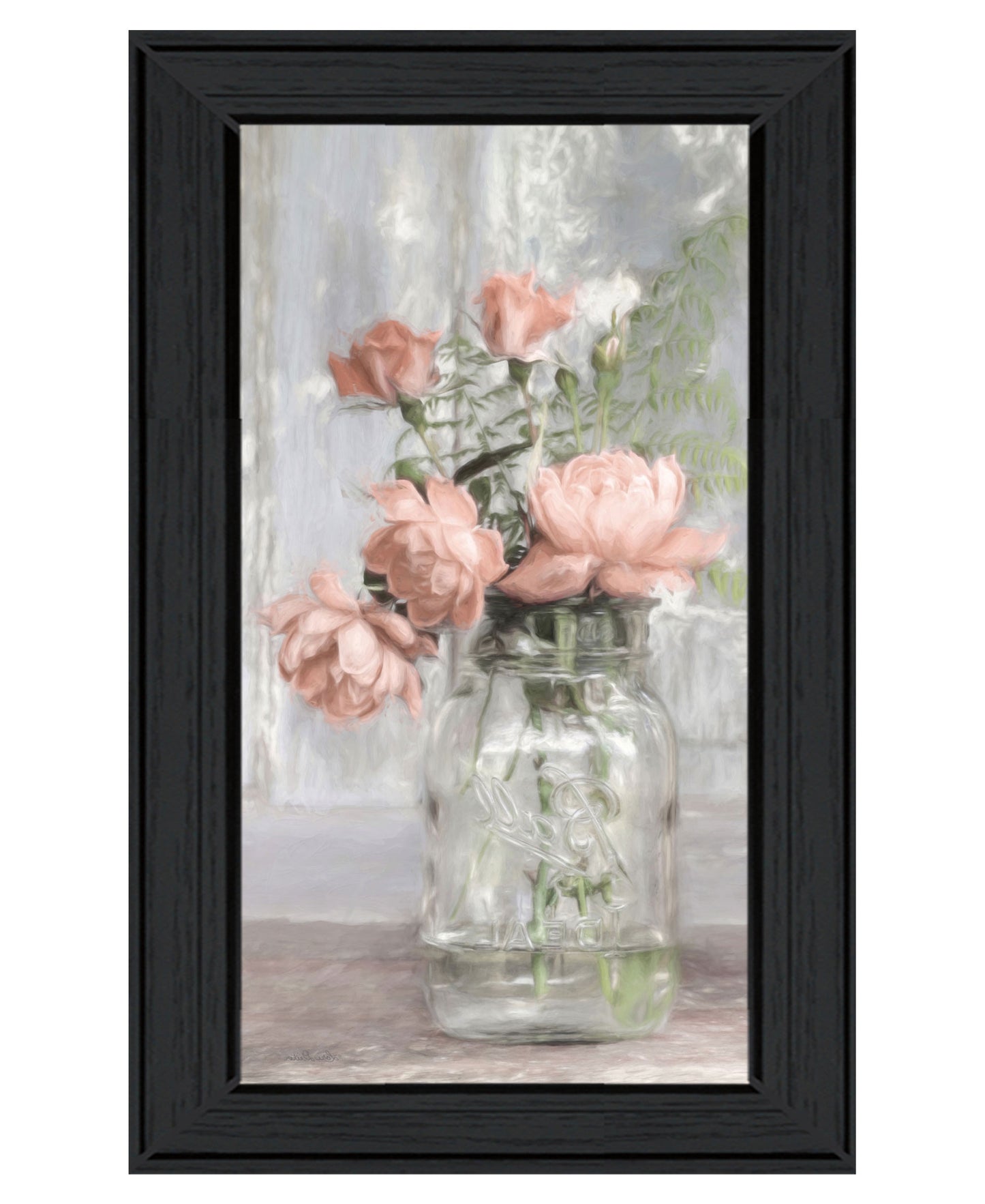 Cottage Peach Roses Black Framed Print Wall Art