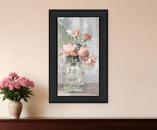 Cottage Peach Roses Black Framed Print Wall Art