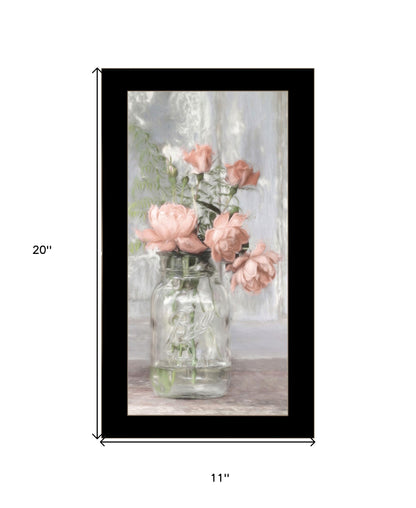 Cottage Peach Roses Black Framed Print Wall Art