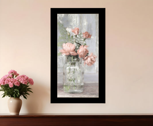 Cottage Peach Roses Black Framed Print Wall Art