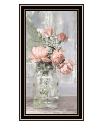 Cottage Peach Roses Black Framed Print Wall Art