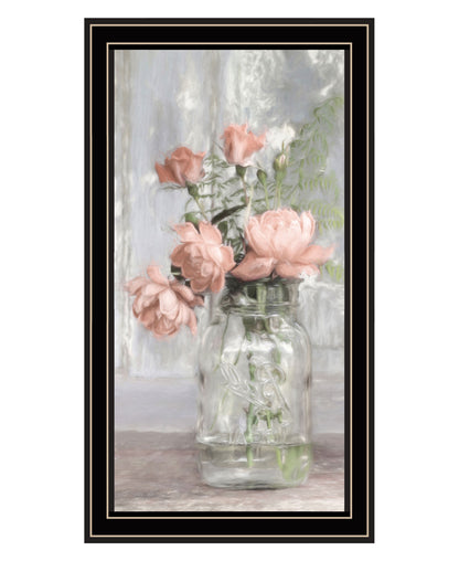 Cottage Peach Roses Black Framed Print Wall Art