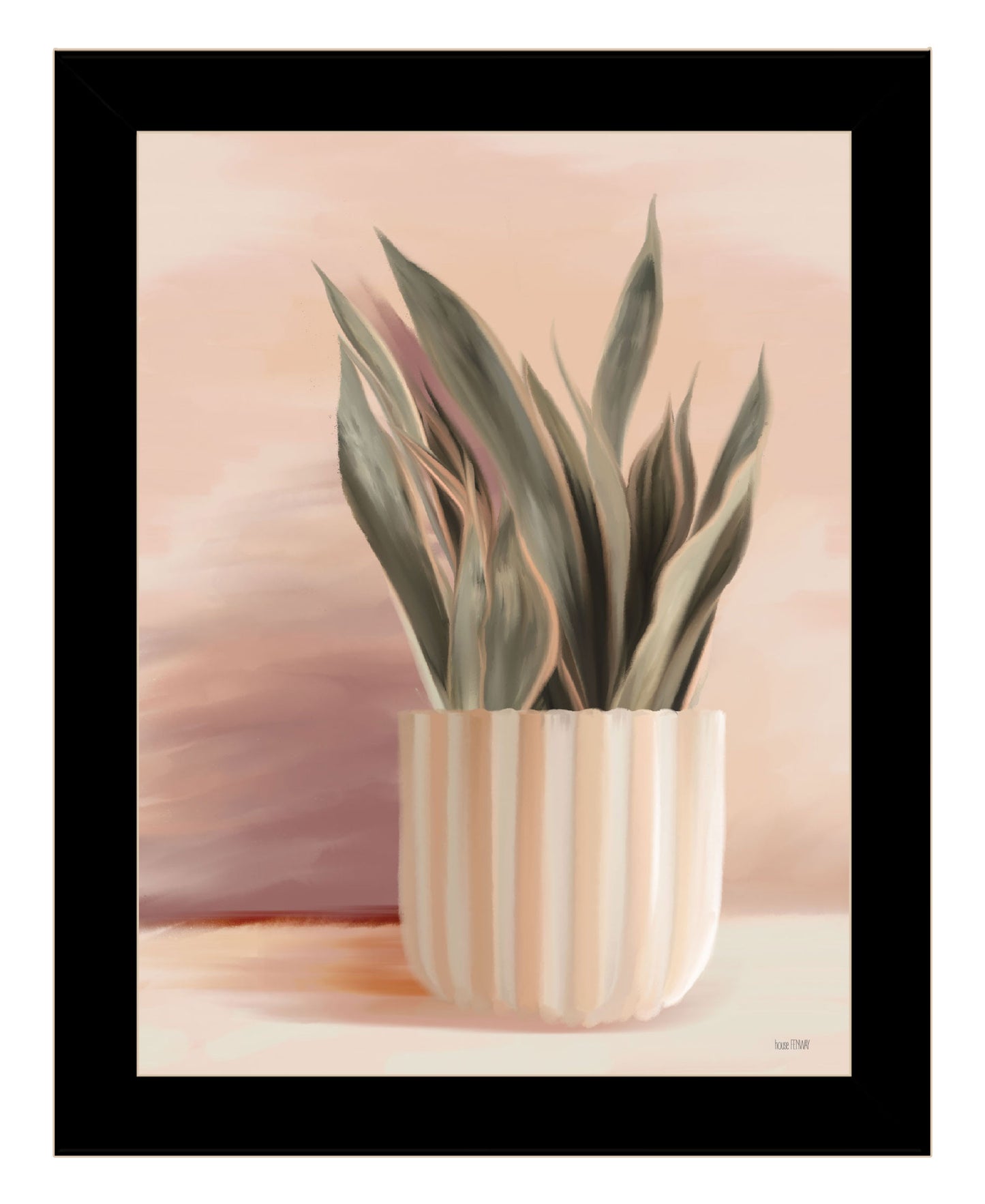 Striped Bohemian Plant Black Framed Print Wall Art