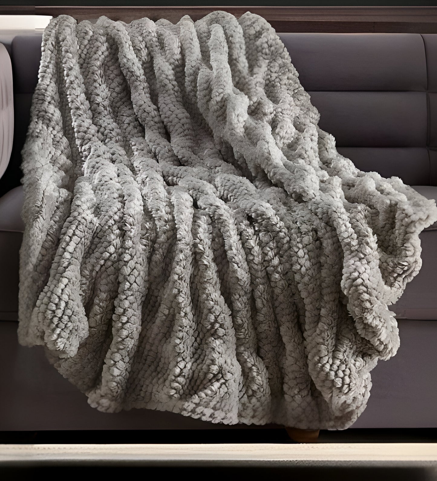 60" X 50" Gray Knitted Acrylic Plush Throw Blanket