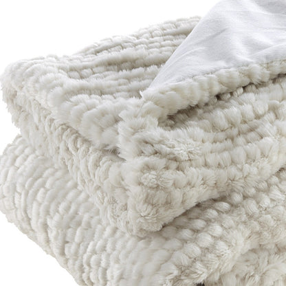 60" X 50" Ivory Knitted Acrylic Plush Throw Blanket