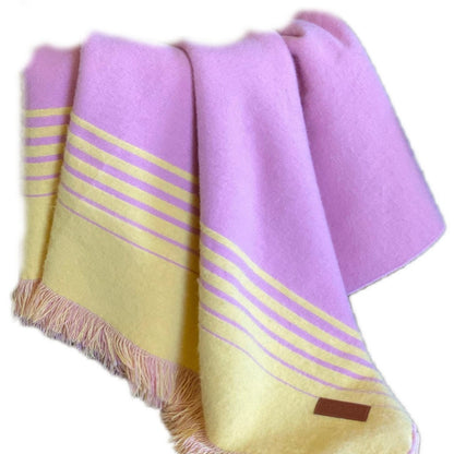 Pink and Yellow Woven Acrylic Striped Throw Blanket With Fringe