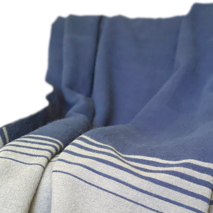 Blue and Gray Woven Microfiber Striped Throw Blanket with Fringe