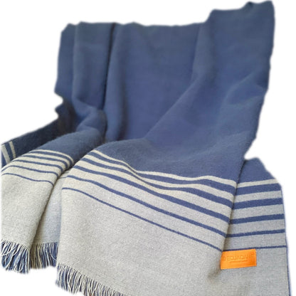 Blue and Gray Woven Microfiber Striped Throw Blanket with Fringe