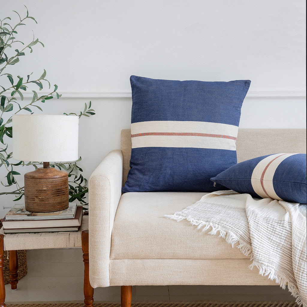 20" X 20" Blue Striped Cotton Zippered Pillow