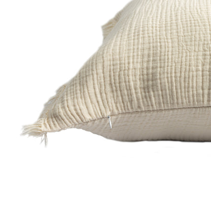 20" X 20" Cream Cotton Zippered Down Pillow With Fringe