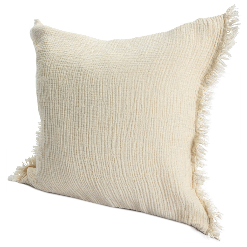 20" X 20" Cream Cotton Zippered Down Pillow With Fringe