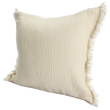 20" X 20" Cream Cotton Zippered Down Pillow With Fringe