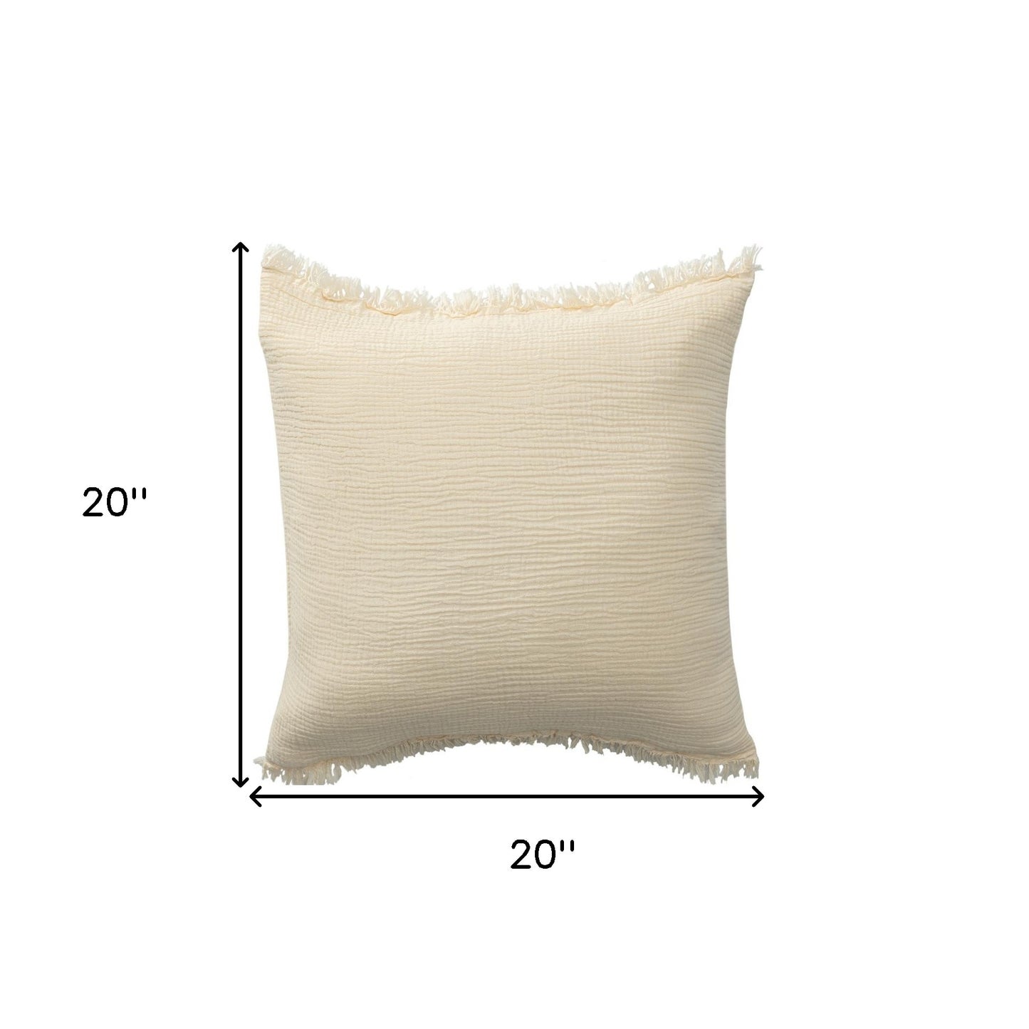 20" X 20" Cream Cotton Zippered Down Pillow With Fringe