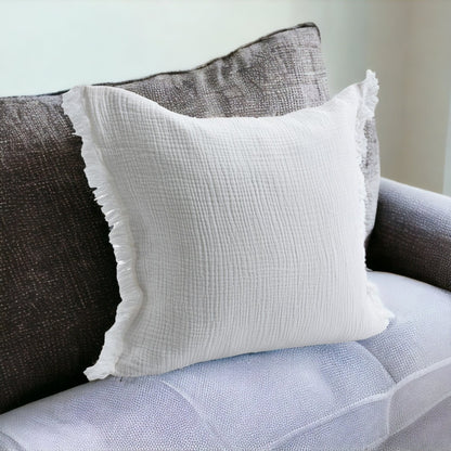 20" X 20" Cream Cotton Zippered Down Pillow With Fringe