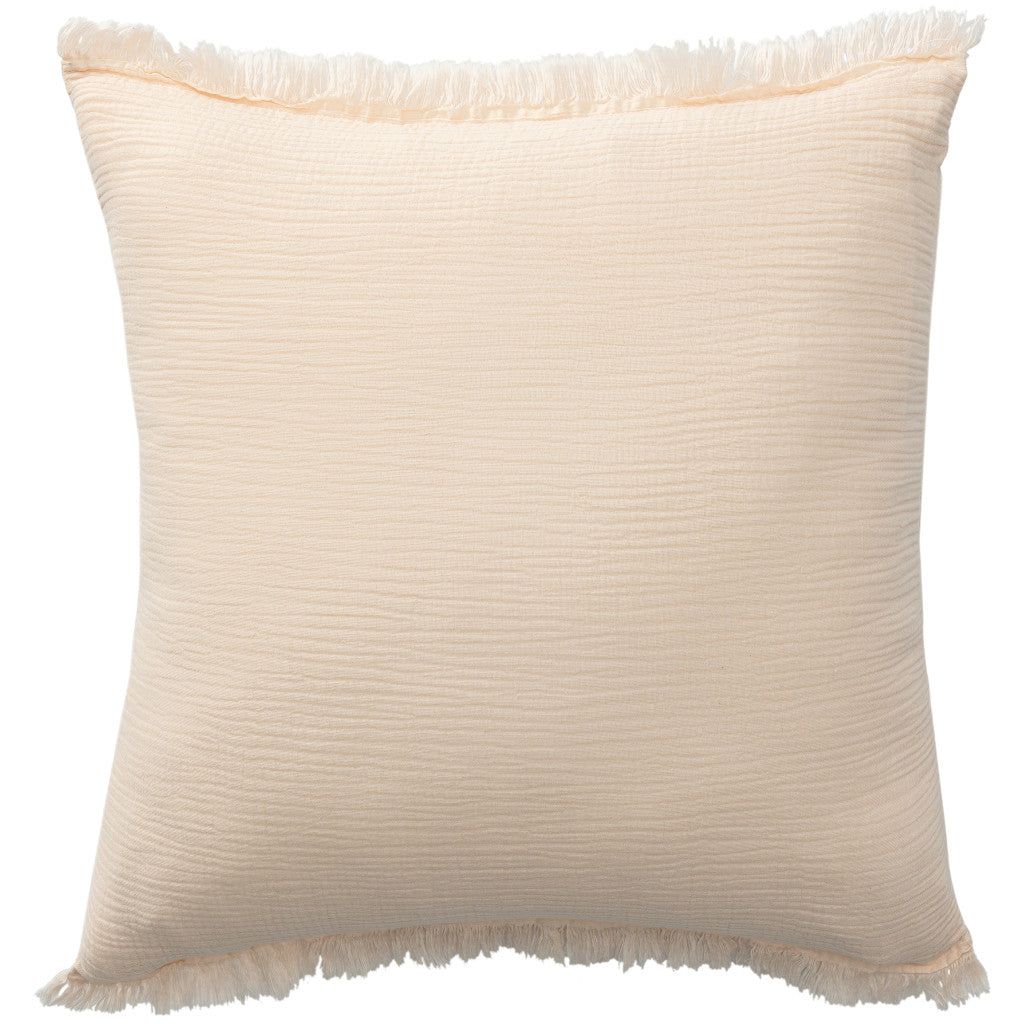 20" X 20" Cream Cotton Zippered Down Pillow With Fringe