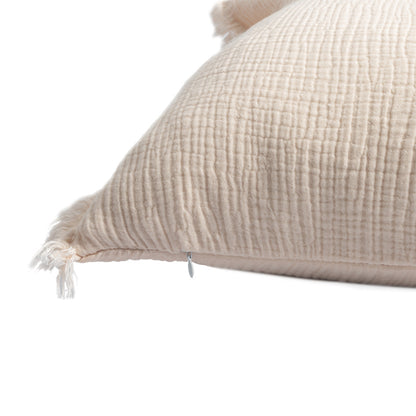 20" X 20" Cream Cotton Zippered Down Pillow With Fringe