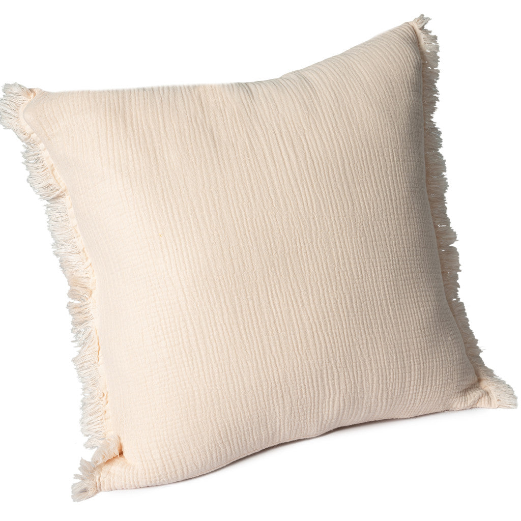 20" X 20" Cream Cotton Zippered Down Pillow With Fringe