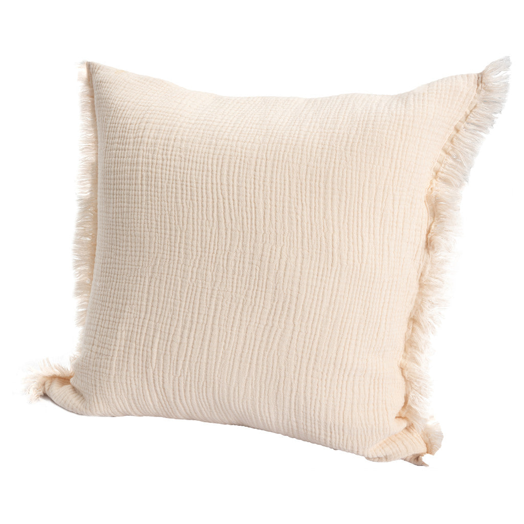 20" X 20" Cream Cotton Zippered Down Pillow With Fringe