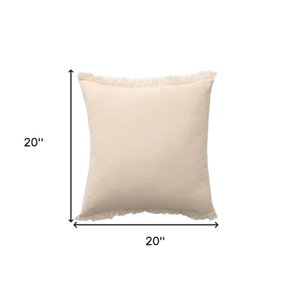 20" X 20" Cream Cotton Zippered Down Pillow With Fringe